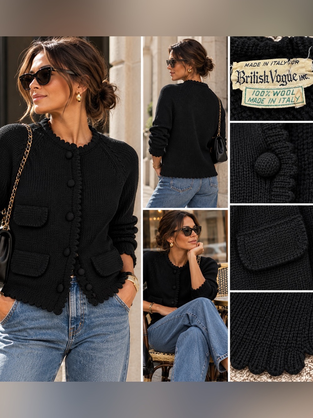 Vintage British Vogue 100% Wool Italian Cardigan Black Scalloped